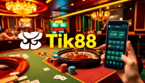 Trải nghiệm sự hứng khởi của Tik88 cùng người chơi tại bàn casino động đầy chip và thẻ bài.