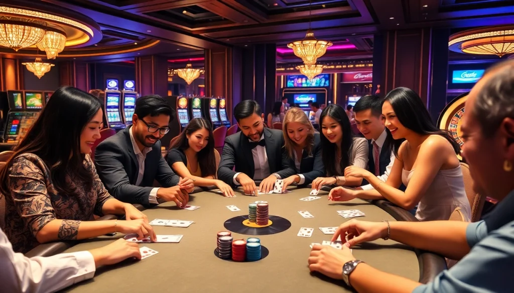 Experience the thrill at Nhà cái S8 with a vibrant casino scene featuring card games and excited players.