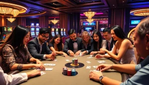 Experience the thrill at Nhà cái S8 with a vibrant casino scene featuring card games and excited players.
