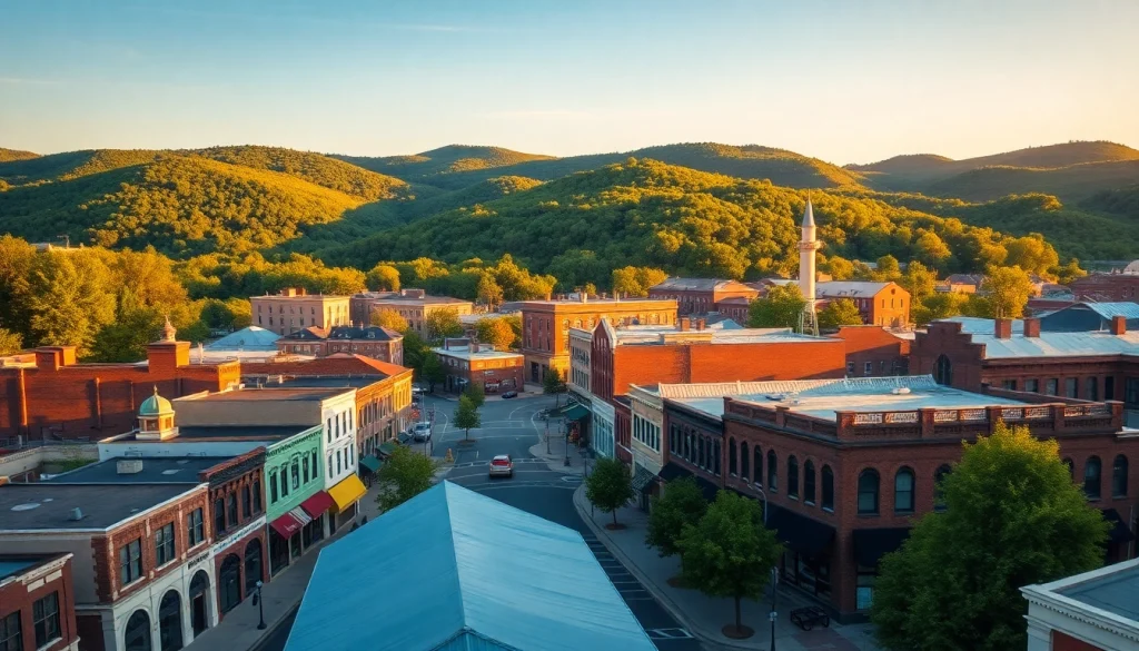 Explore Clarksburg through beautiful aerial view capturing its green hills and vibrant architecture.