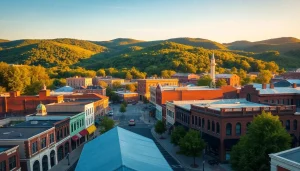 Explore Clarksburg through beautiful aerial view capturing its green hills and vibrant architecture.