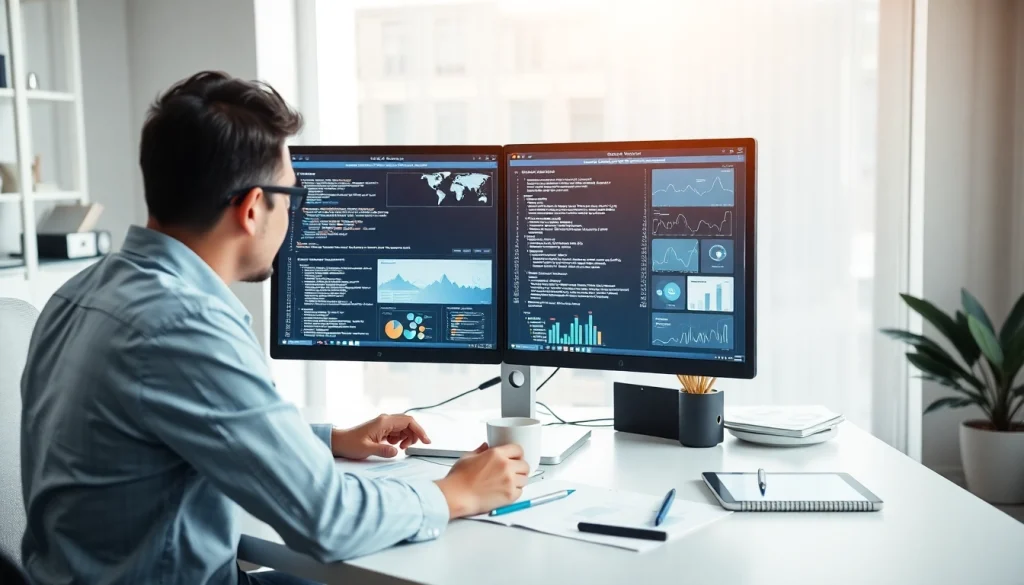 Professional web designer at work, focused on thiết kế website theo yêu cầu with dual screens showcasing website layouts.