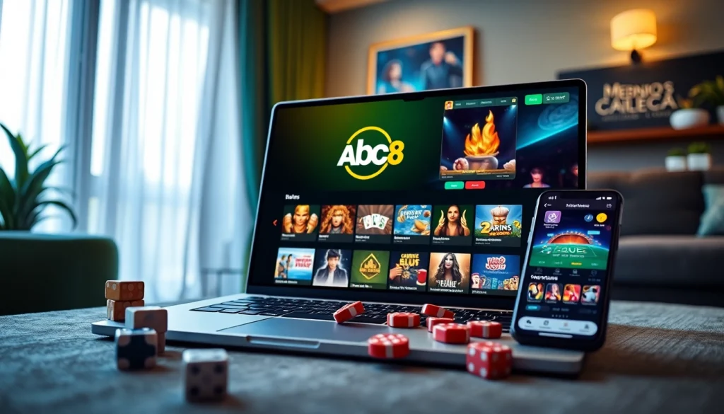Engaging online gaming scene with ABC8 logo showcasing diverse games and user-friendly interface.