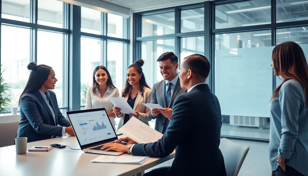 Online contact data verification scene with diverse professionals in a modern office setting discussing data accuracy and efficiency.