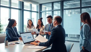 Online contact data verification scene with diverse professionals in a modern office setting discussing data accuracy and efficiency.