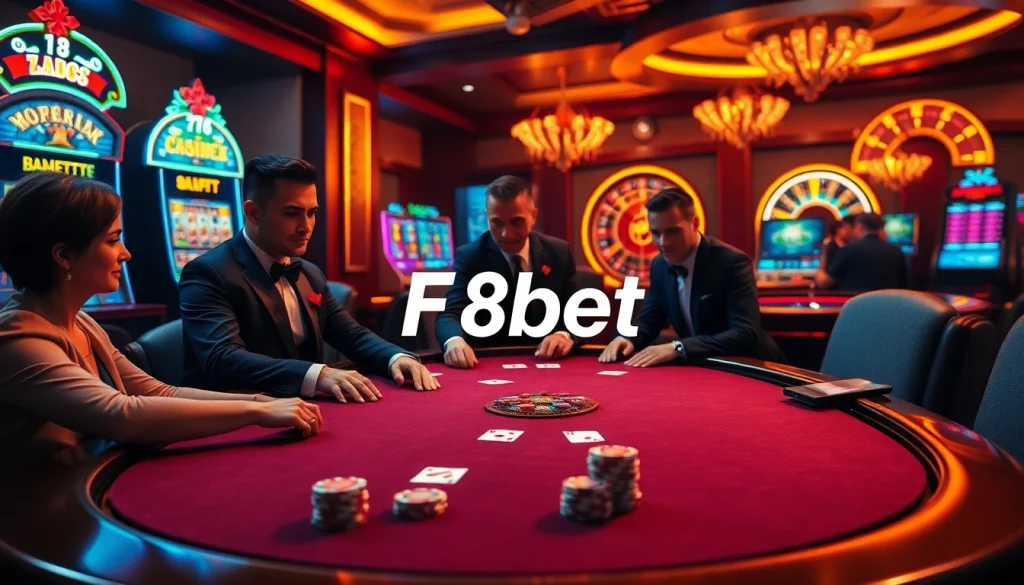 Players enjoying high-stakes poker at the F8bet casino table with vibrant slot machines.