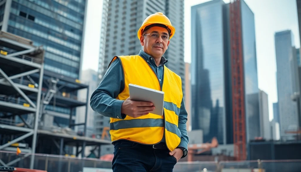 New York City Construction Manager overseeing a large urban construction site with safety gear.