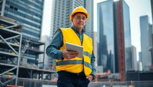 New York City Construction Manager overseeing a large urban construction site with safety gear.