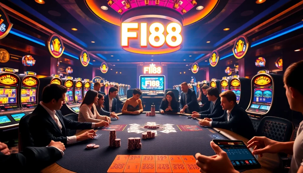 High-stakes poker at F168 with vibrant chips and exciting gameplay in a luxurious casino atmosphere.