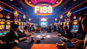 High-stakes poker at F168 with vibrant chips and exciting gameplay in a luxurious casino atmosphere.