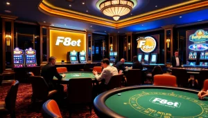 Players enjoying an exciting poker game at F8Bet's luxurious casino, showcasing a vibrant atmosphere.