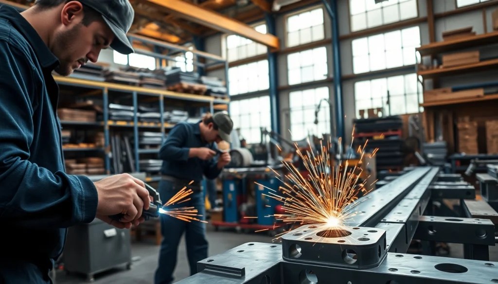 Crafting custom steel fabrication: artisans working meticulously in a well-equipped workshop.
