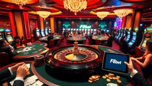 F8bet gaming scene featuring professional gamblers at roulette and poker tables in a luxurious casino.