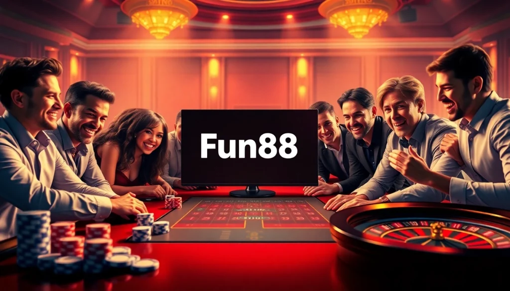 Experience online gambling excitement with Fun88 link showcased at a luxurious casino scene.