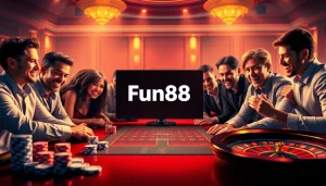 Experience online gambling excitement with Fun88 link showcased at a luxurious casino scene.