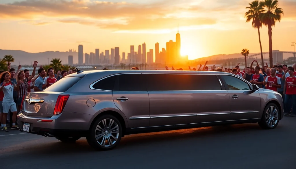 World Cup Group Transportation with a luxurious limousine against the LA skyline.