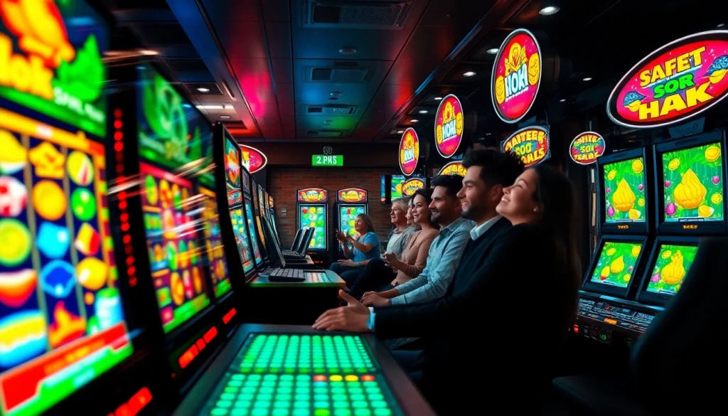 Exciting slot hoki gaming scene with vibrant screens showcasing dynamic gameplay and winning moments.