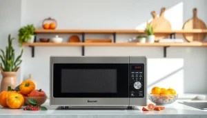 Showcasing a modern microwave oven with sleek design on a kitchen counter.