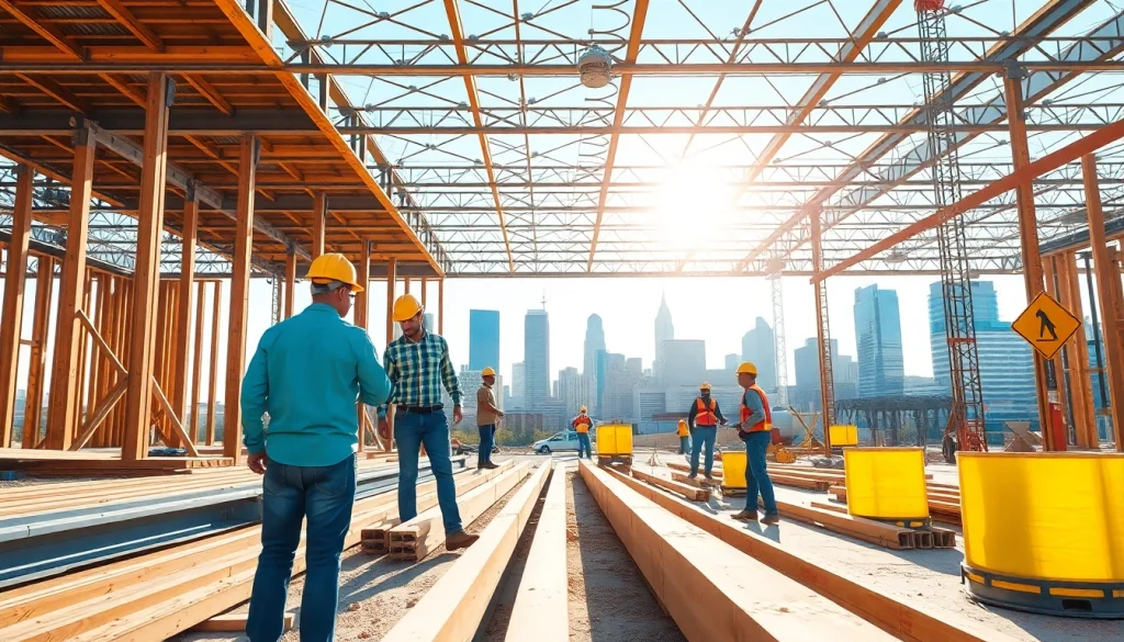 Engaged professionals in Austin construction site collaborating on a building project