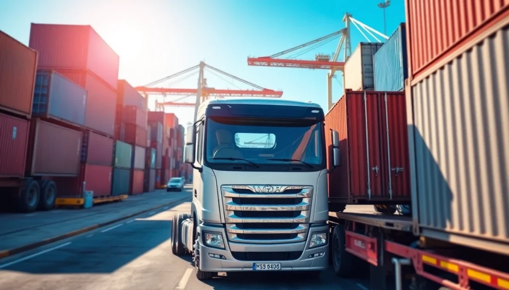 Drayage truck unloading shipping containers at a bustling urban port with a clear focus.