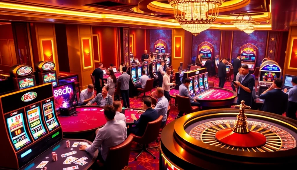 Exciting gaming action at 88clb casino with vibrant tables and slot machines.