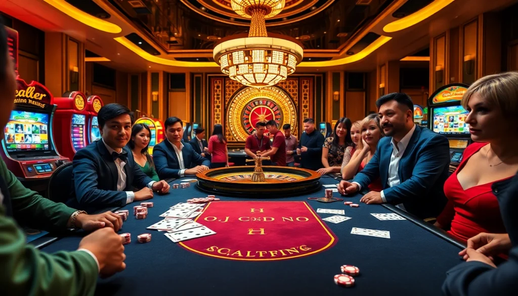 Engage in thrilling gambling action at https://f168.today/ with vibrant poker and roulette scenes.