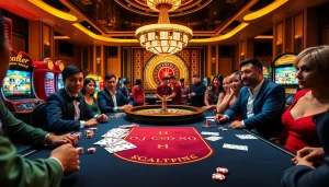 Engage in thrilling gambling action at https://f168.today/ with vibrant poker and roulette scenes.