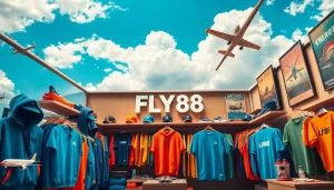 FLY88 aviation-inspired apparel store showcasing vibrant clothing in an inviting atmosphere.