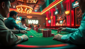 Exciting poker game scene featuring W88 link with vibrant casino elements and engaged players.