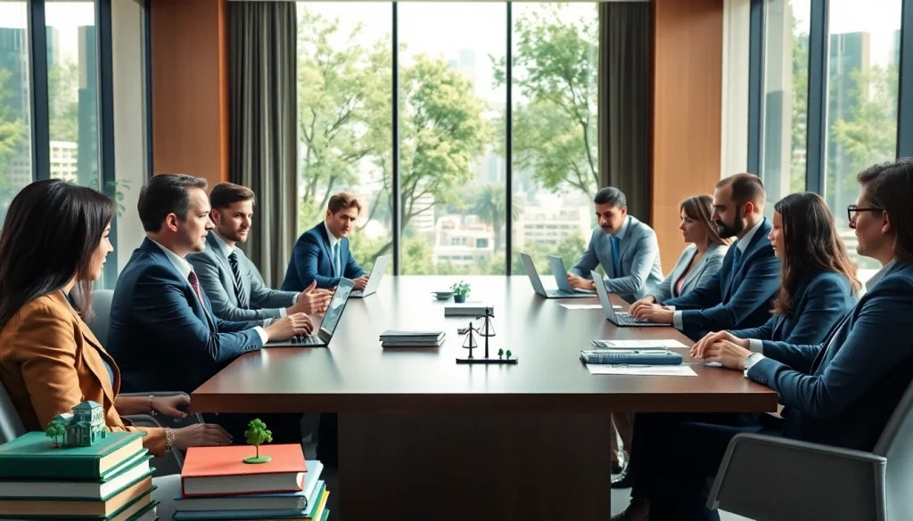 Engaged lawyers from an environmental law firm collaborating in a modern office setting.