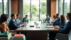 Engaged lawyers from an environmental law firm collaborating in a modern office setting.