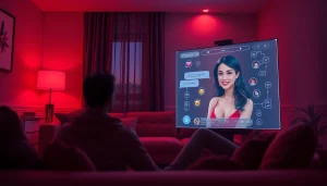 Engaging AI sex chat interface with a lifelike character in a cozy room setting.
