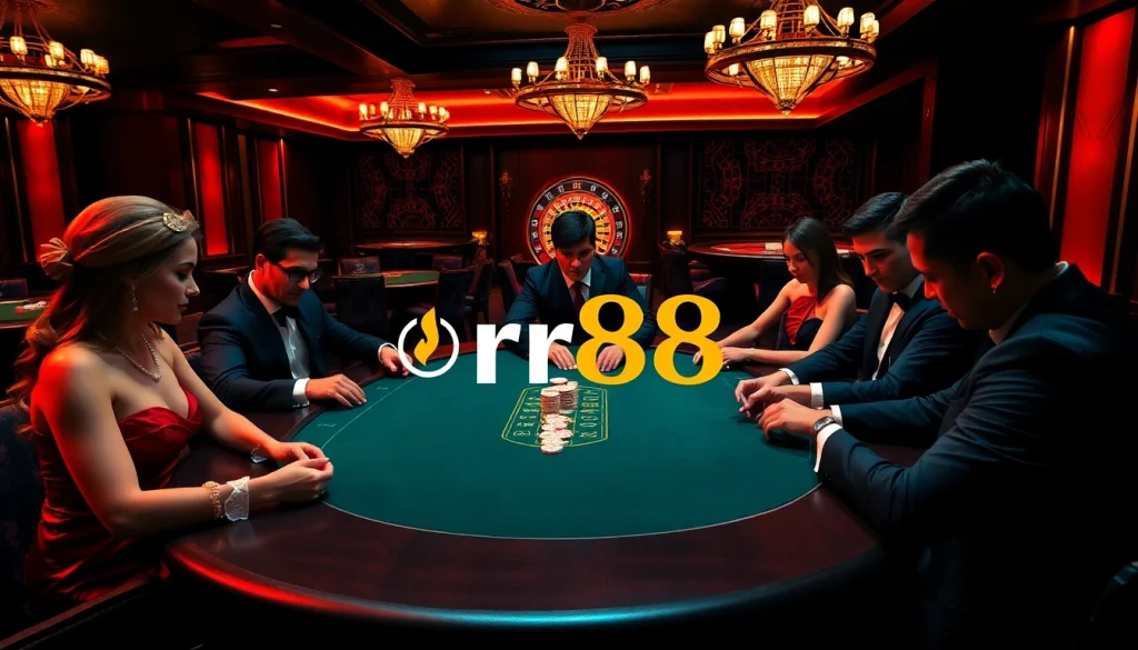 Experience the thrill of rr88 in a luxurious casino setting with professional players and gaming tables.