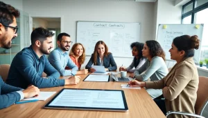 Team engaged in Contract Management discussions in a modern office environment, fostering collaboration.