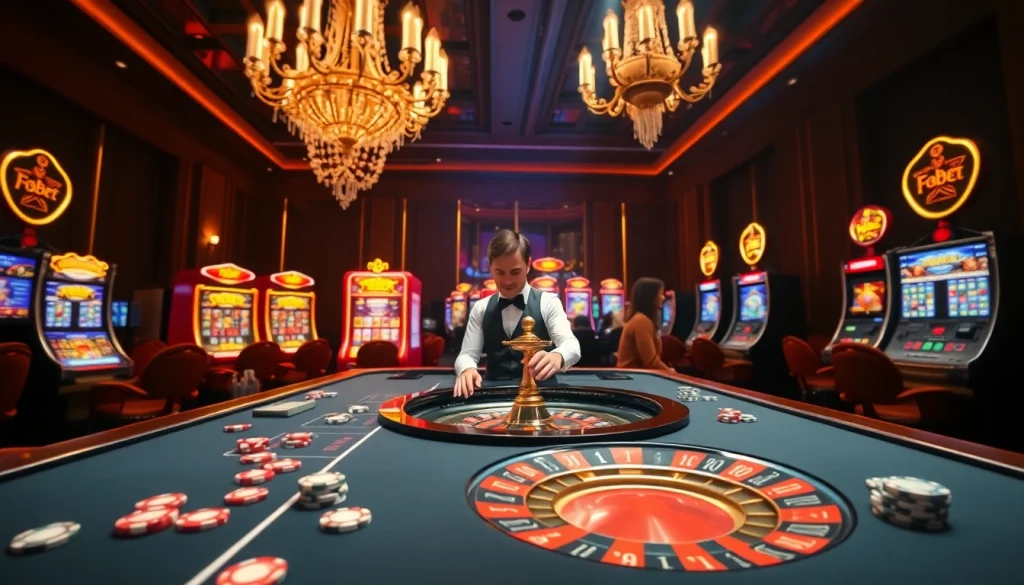 F8bet roulette table and vibrant slot machines create an immersive casino experience.