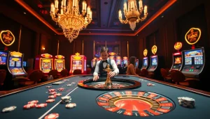 F8bet roulette table and vibrant slot machines create an immersive casino experience.