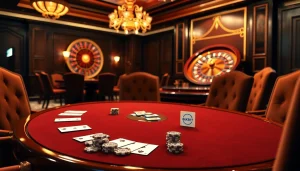 Experience luxury gambling at the 8KBET casino with poker chips and a roulette wheel.