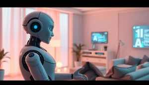 AI sex bot converses with a user in a modern, inviting space, showcasing advanced technology and intimacy.