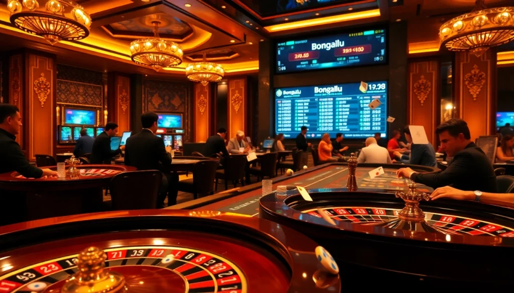 Bongdalu live betting action with poker chips and players at a luxury casino table