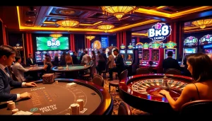 Players enjoying a vibrant casino experience at BK8 with poker chips and roulette wheel.