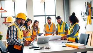 Engaged members of the southern california contractors association collaborating on construction plans in a modern office.