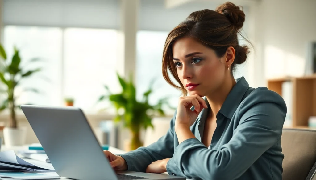 Addressing brain fog, a woman focuses in a bright office, surrounded by paperwork and a laptop.