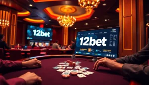 Engage in winning strategies with 12bet's luxurious online casino interface showcasing poker and sports betting.