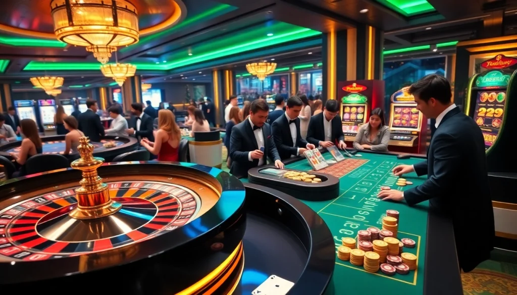 Festive casino atmosphere showcasing nhà cái bin88 with players at roulette and poker tables.
