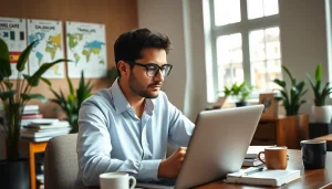 Traducteur assermenté à Lille travaillant dans un bureau professionnel, traduisant des documents.