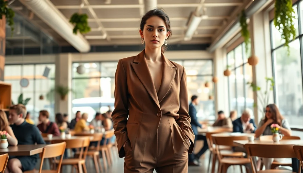 Premium fashion ideas showcased in an urban café with stylish outfits and vibrant decor.