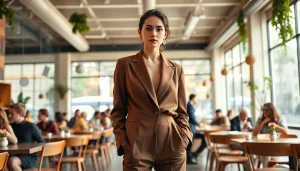 Premium fashion ideas showcased in an urban café with stylish outfits and vibrant decor.