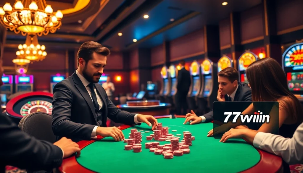 Engage in intense poker play at 78win's luxurious casino tables surrounded by vibrant action.