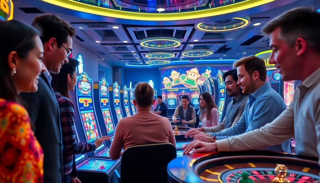 Engaging scene of players enjoying online casinos Canada with vibrant gaming displays and energy.
