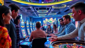 Engaging scene of players enjoying online casinos Canada with vibrant gaming displays and energy.